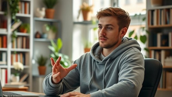 Young man discussing side hustle in home office environment.