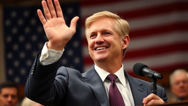 Confident man with raised hand at ceremony, American flag backdrop, inauguration scene.