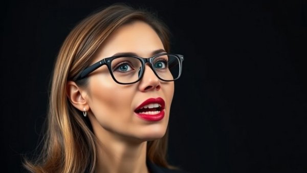 Confident woman speaking passionately, photorealistic.