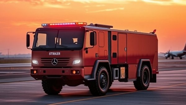 Oshkosh Striker Volterra Electric ARFF vehicle at sunset on runway.