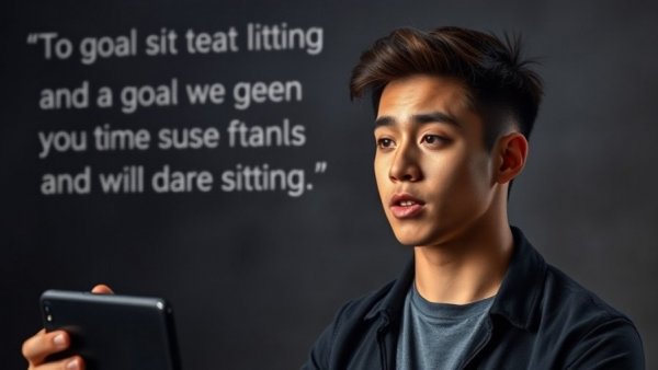 Young man discussing goal setting productivity with motivational text overlay.