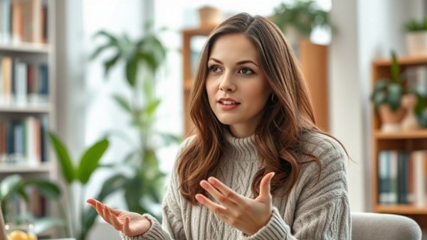 Young woman in cozy sweater discussing indoors with bookshelves.