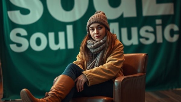 Happy Winter Playlist concept with stylish woman and soul music theme.