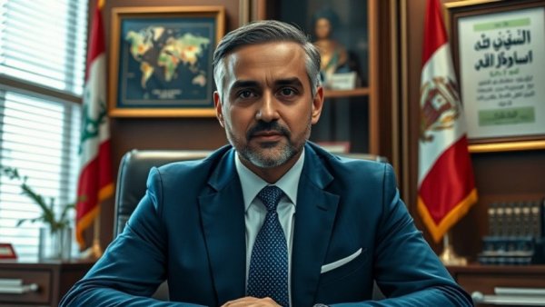 Businessman in office with flags and Arabic script.
