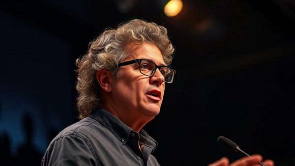 Engaged mature speaker discussing Palantir surveillance software on stage.