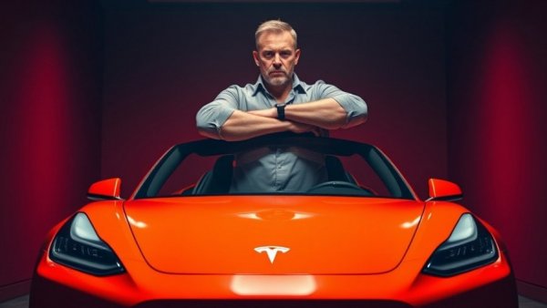 Tesla vehicle loses EV crown to BYD - a person beside an orange Tesla.