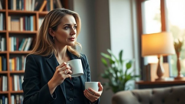 Professional woman discussing topics over coffee in a cozy library.
