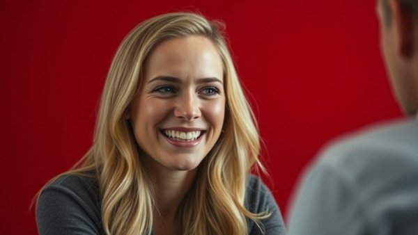 Smiling woman conversing, cinematic shot, character-driven gaming backdrop.