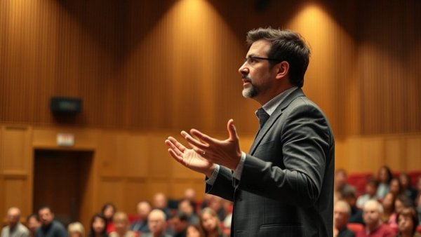 Confident speaker discussing lottery winners' happiness on stage.