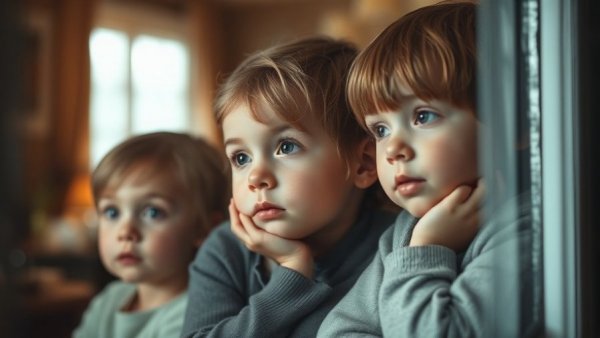 Young children gazing through a window, illustrating childhood development and empathy.