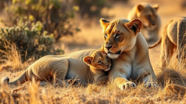 Lioness and cub bonding in African savanna, First Safari in Africa.