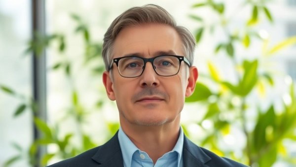 Middle-aged man in blue suit, office background, natural light.