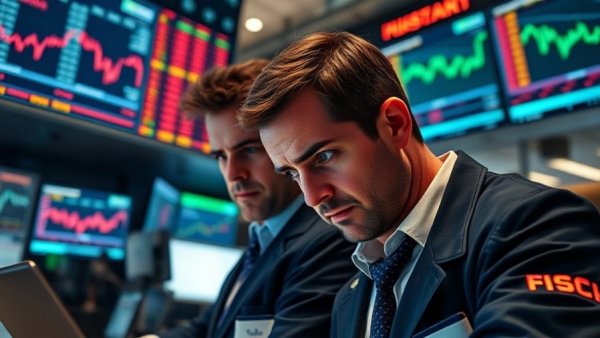 Traders analyzing market on financial floor, focused screens.