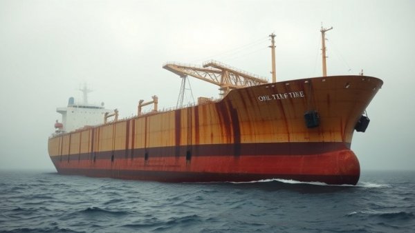 Venezuela's shadow fleet oil trade tanker at sea, foggy horizon.