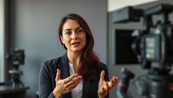 Confident woman speaking indoors, addressing camera.