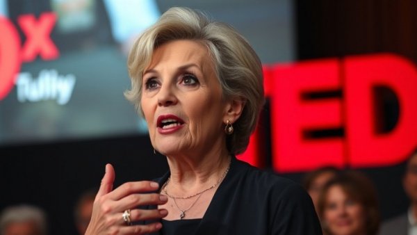 Confident woman discussing solutions to avoid the dangers of sitting all day during a TED Talk.