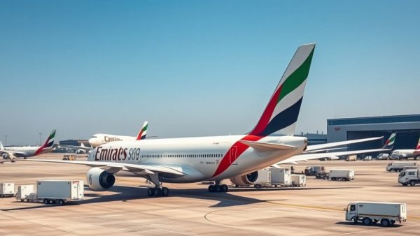 Emirates SkyCargo aircraft with cargo units at airport, reflecting 2026 fleet expansion.