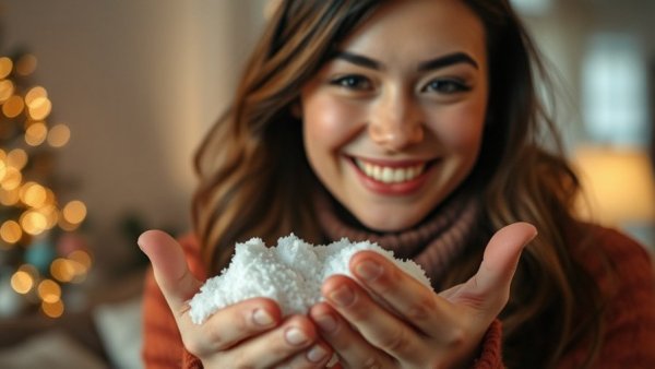 Woman demonstrating DIY snow that feels ice-cold, indoors.