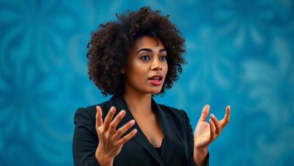 Confident woman wearing black expressing self-love on vibrant stage.