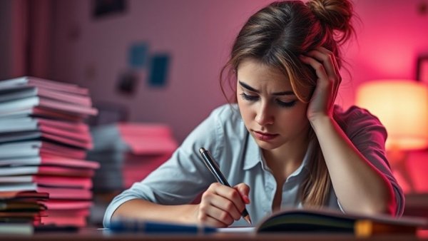 Young woman experiencing burnout, writing at a desk.