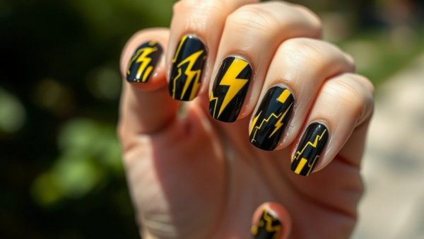 Virtual nail art testing with AI displaying black and yellow lightning design.