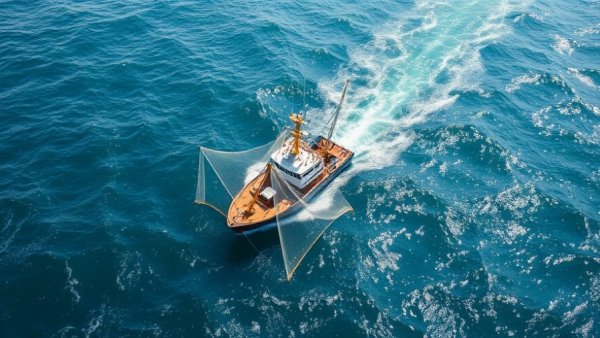 Aerial view of industrial fishing in The Azores with vessel deploying nets in open ocean.