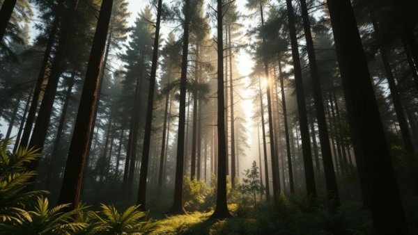 Nanite Foliage Technology depicted in a dense forest scene with sunlight.