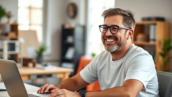 Man in home office discussing productivity and goal setting with smile.
