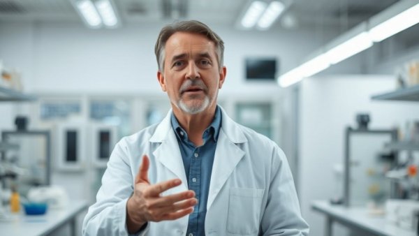 Middle-aged man in lab coat talking, bright lab, AI in Medicine for Kids.