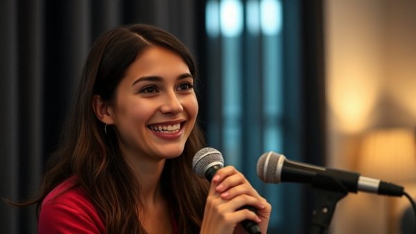 Young woman speaking with a smile, microphone setup in a dimly lit studio.