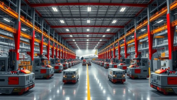 High-capacity AGVs in an expansive air cargo logistics facility.