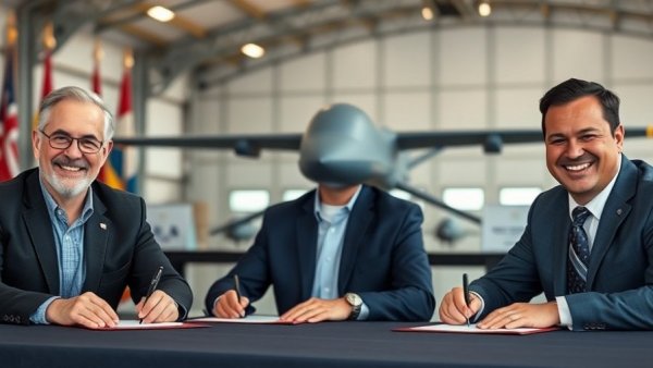 Signing ceremony with drone aircraft and flags in cargo logistics MENA context.