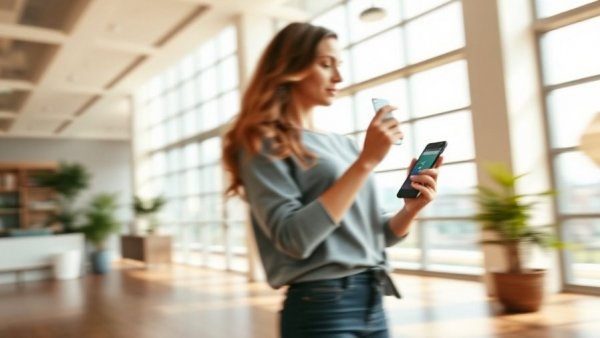Blurred woman in gray outfit using phone in bright room, AI video creation tools for kids.