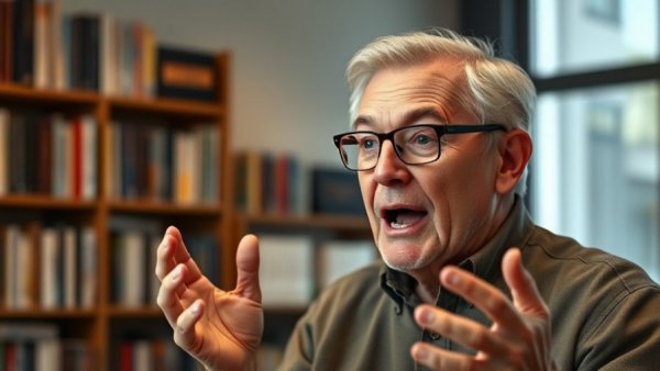 Older man enthusiastically speaking on global leadership dynamics.