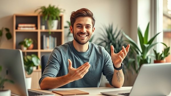 Casual man gesturing in home office, representing achievable goals.
