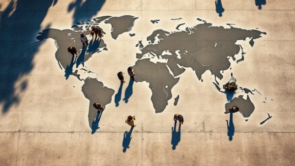 Aerial view of diverse group walking on world map pavement, symbolizing global unity.