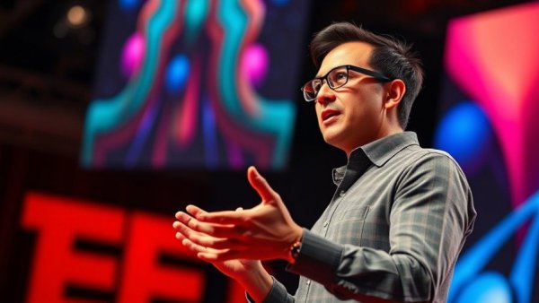 Motivational speaker discussing school redesign on TED stage.