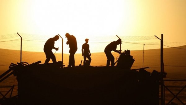 Silhouetted figures working on structure, Israeli settler attacks West Bank context.