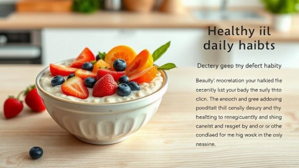 Healthy breakfast habits text overlay with a colorful porridge bowl.
