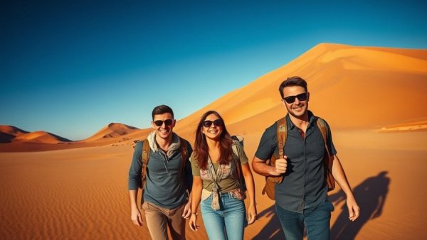 Adventurers in Namib Desert with sand dunes in African safari scene.