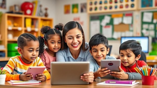 AI in education: teacher and children using digital tools.