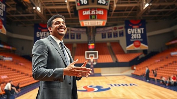 Dikembe Mutombo's humanitarian efforts: man in gray suit smiling on a court.