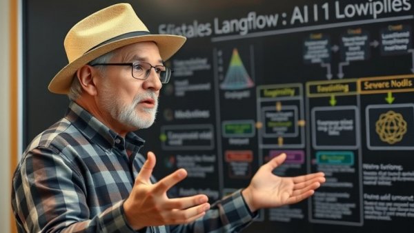 Man explaining Langflow AI workflows with colorful diagrams.