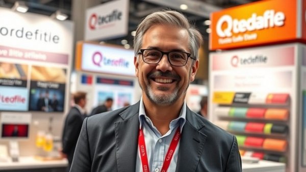 Man at trade show booth for Egypt plastic exports logistics.