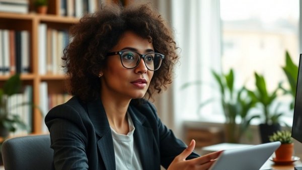 Woman in glasses discussing AI filmmaking for kids in an office.