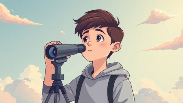 Explorative young person with telescope, early childhood education theme.