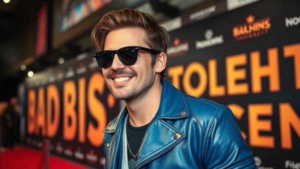 Stylish man at red carpet event discussing financial advice for global acting career.