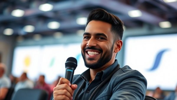 Encouragement and recognition in sports and business, smiling man speaking at a conference.
