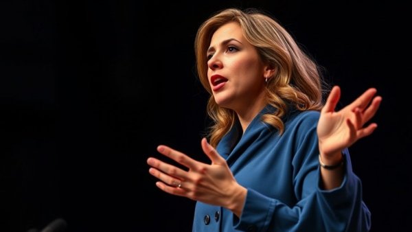 Woman speaking passionately on stage about friendship.