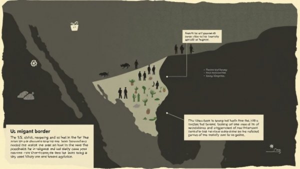 Abstract map of US-Mexico border highlighting migrant labor, Undocumented Immigration Crisis in the US.